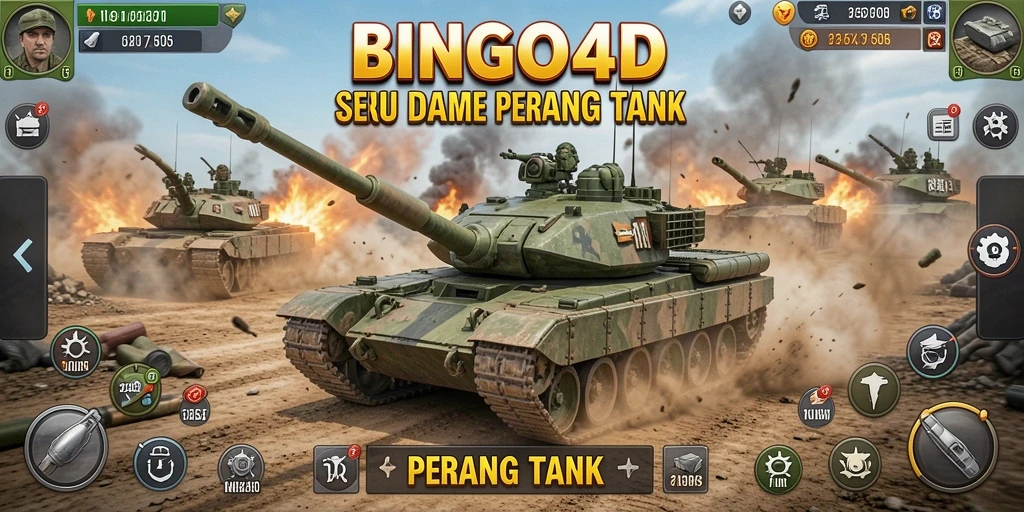 Tampilan antarmuka BINGO4D menunjukkan aksi seru pertempuran tank.